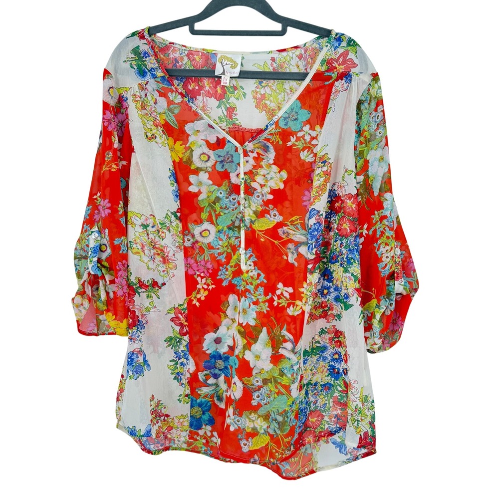 Fig and Flower Floral Blouse Womens 1X Multicolor Excellent Roll Tab V-Neck